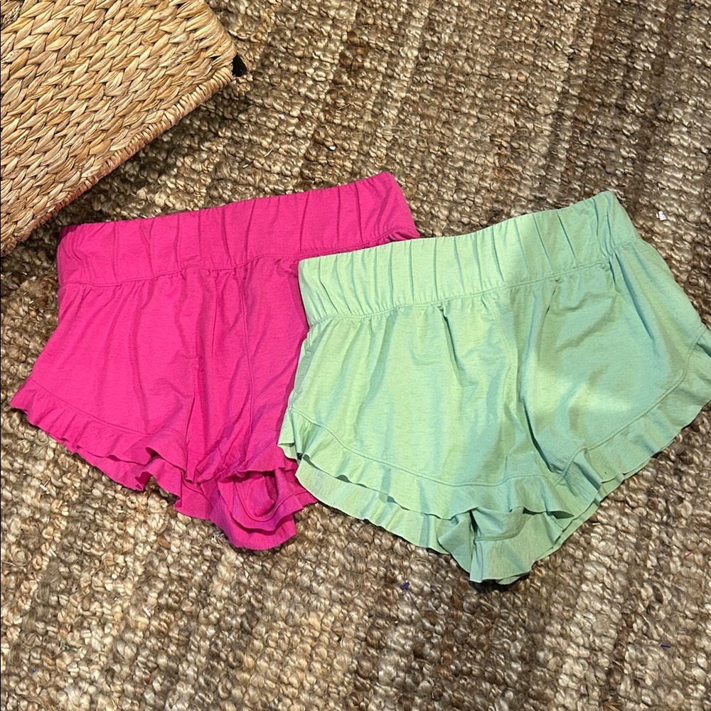 Free People Movement Pink and Green Ruffle Hem Short Duo Size Medium
